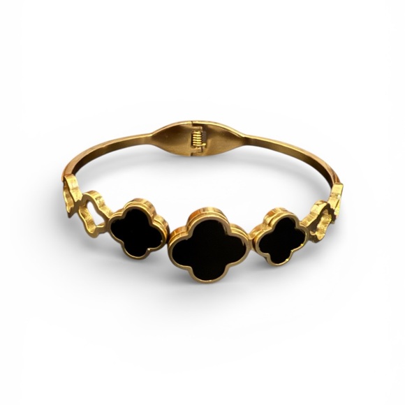 Jewelry - Elegant Gold and Black Clover Bangle Stainless Steel Bracelet